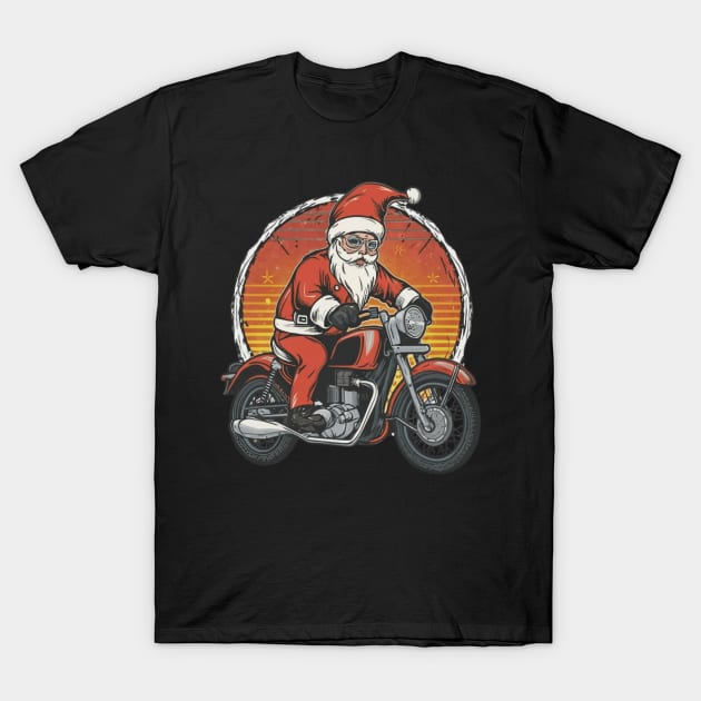 Santa Claus on a vintage motorcycle,target team member, dart lover, bullseye, bullseye shop, target team member new, christmas  for kids, red, target employee, retail, employees, dartboard, fulfillment, funny dog, cute puppy T-Shirt by designe stor 